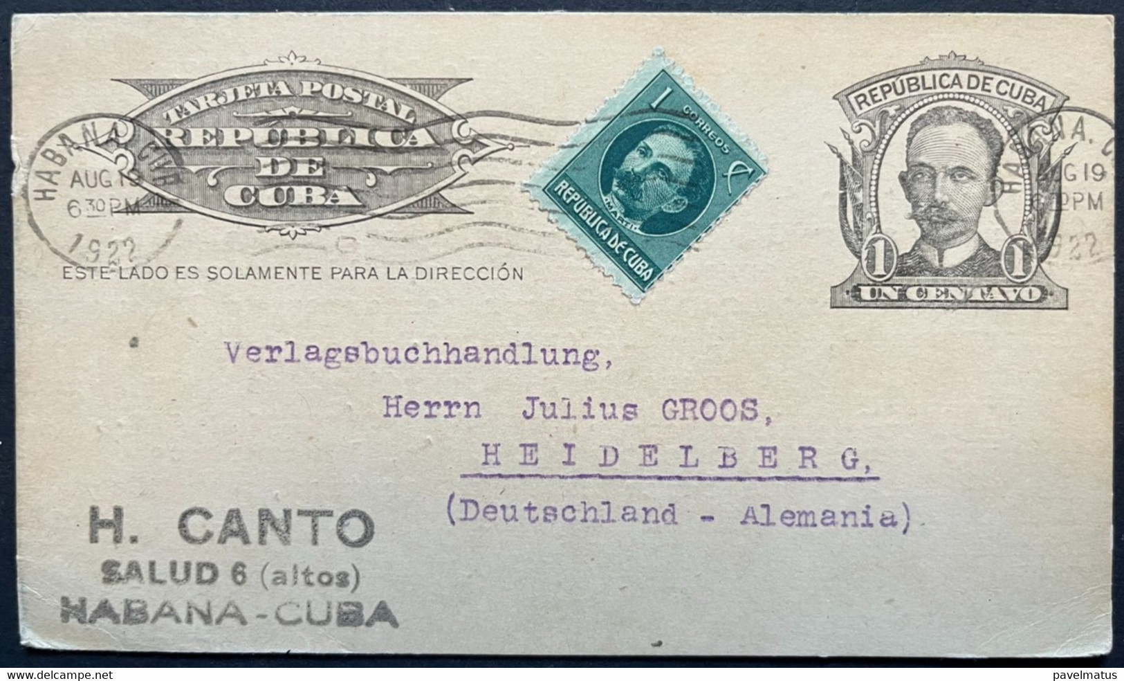 Cuba 1922 Uprated   Postal Card Habana 19.8.1922 To Heidelberg, Germany - Cartas & Documentos