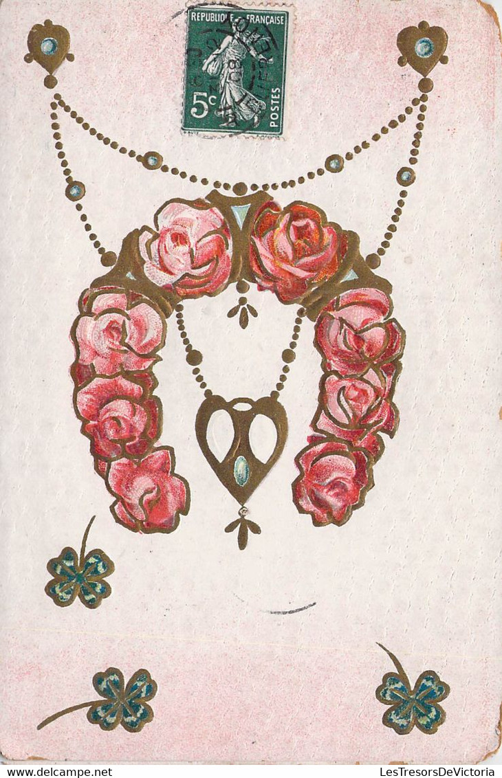 CPA Fleur - Bijou Avec Des Roses Et Trèfles à Quatre Feuilles - Forme De Fer à Cheval - Bloemen