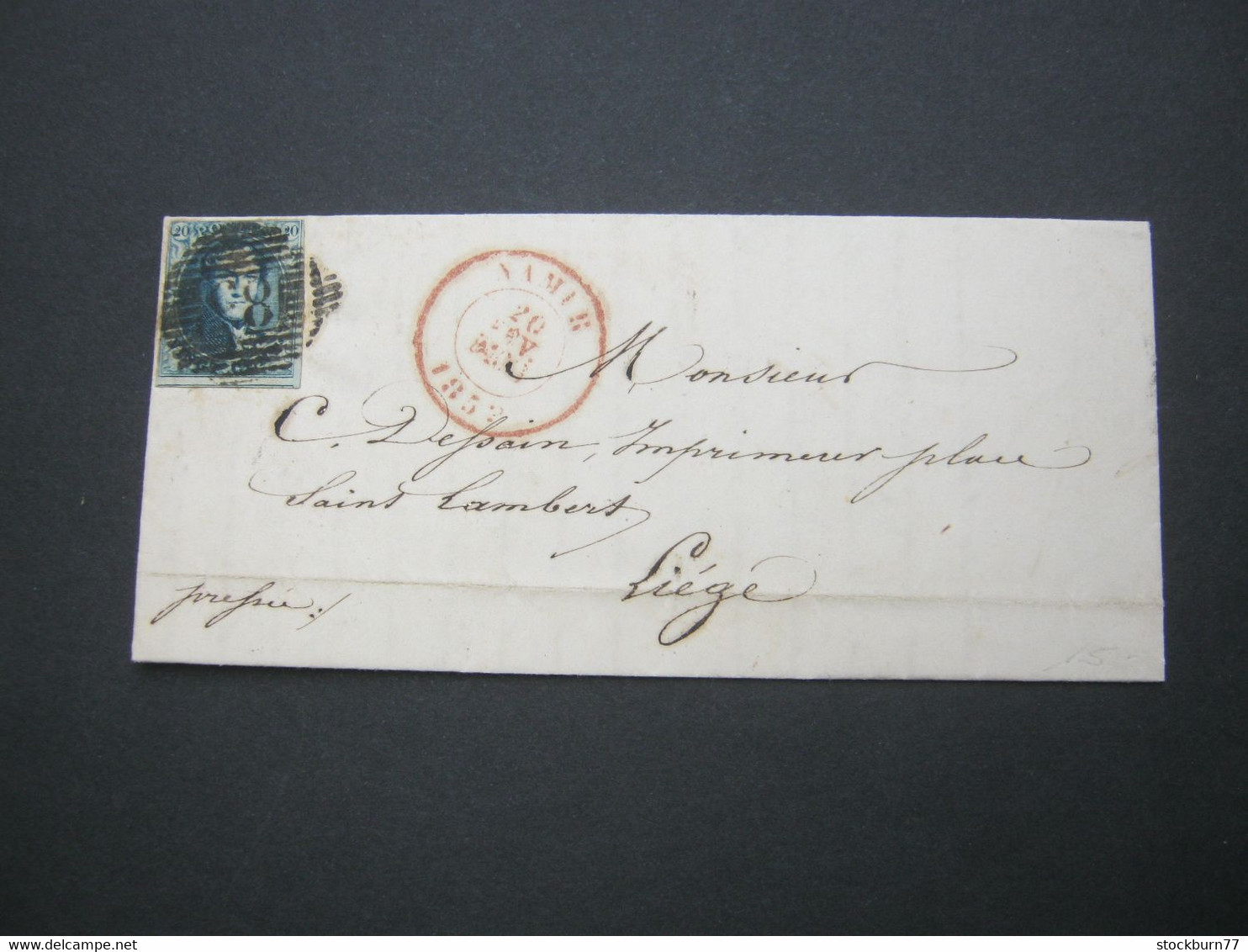 1852 , 20 C. Auf Brief Aus NAMUR - 1849-1865 Medallones (Otros)