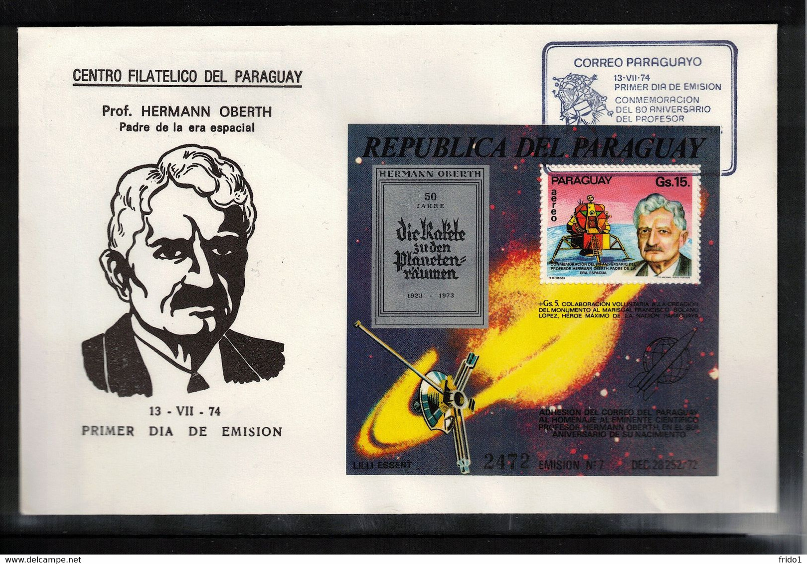 Paraguay 1974 Space / Raumfahrt Dr.Hermann Oberth Block FDC - Südamerika