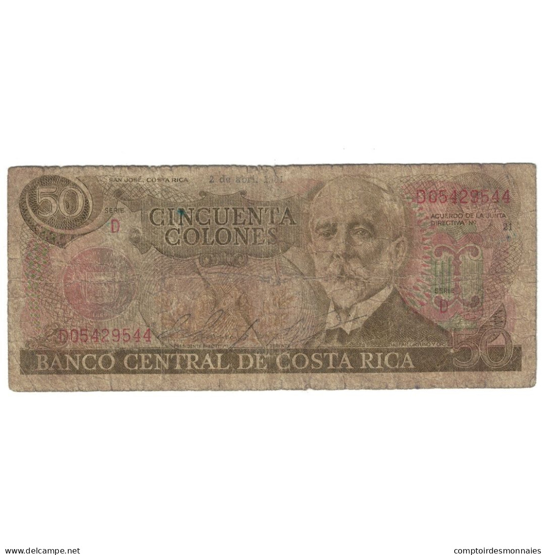 Billet, Costa Rica, 50 Colones, 1981, 1981-04-02, KM:251a, B+ - Costa Rica