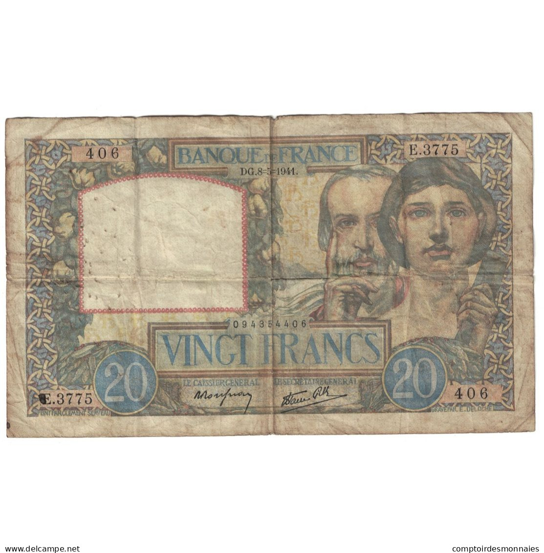 France, 20 Francs, Science Et Travail, 1941, E.3775, TB, Fayette:12.14, KM:92b - 20 F 1939-1942 ''Science Et Travail''