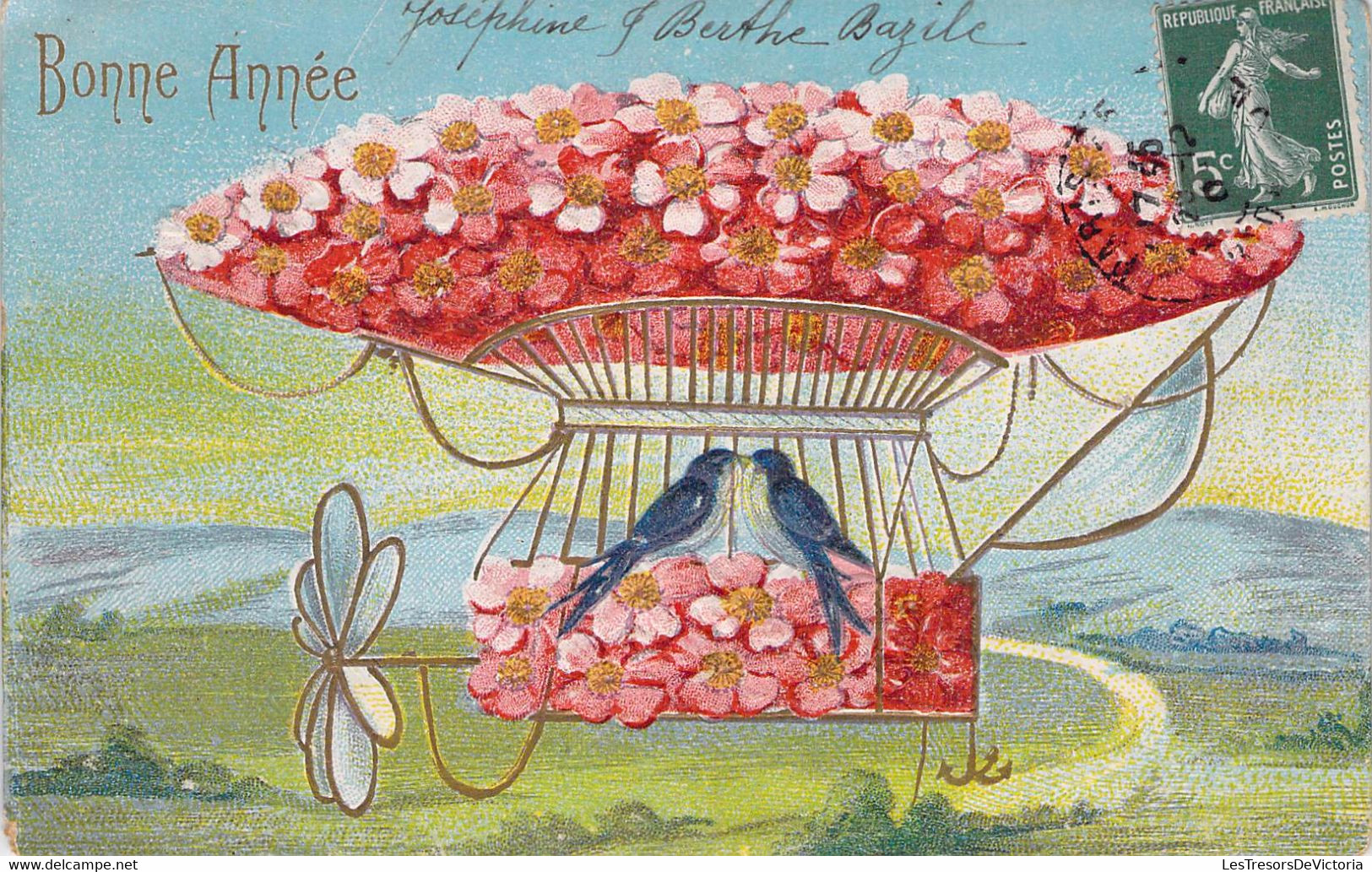 CPA - FETE VOEUX - BONNE ANNEE - Hirondelles S'embrassent Dans Un Ballon Dirigeable En Fleur - Illustration - Anno Nuovo