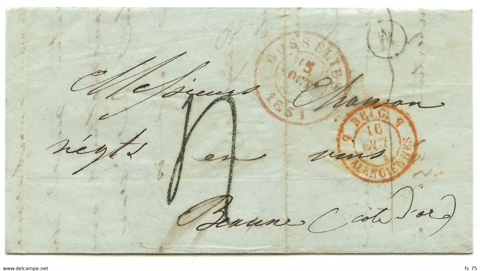 BELGIQUE - CAD GOSSELIES + BOITE A SUR LETTRE AVEC TEXTE DE FRASNES POUR LA FRANCE, 1851 - Other & Unclassified