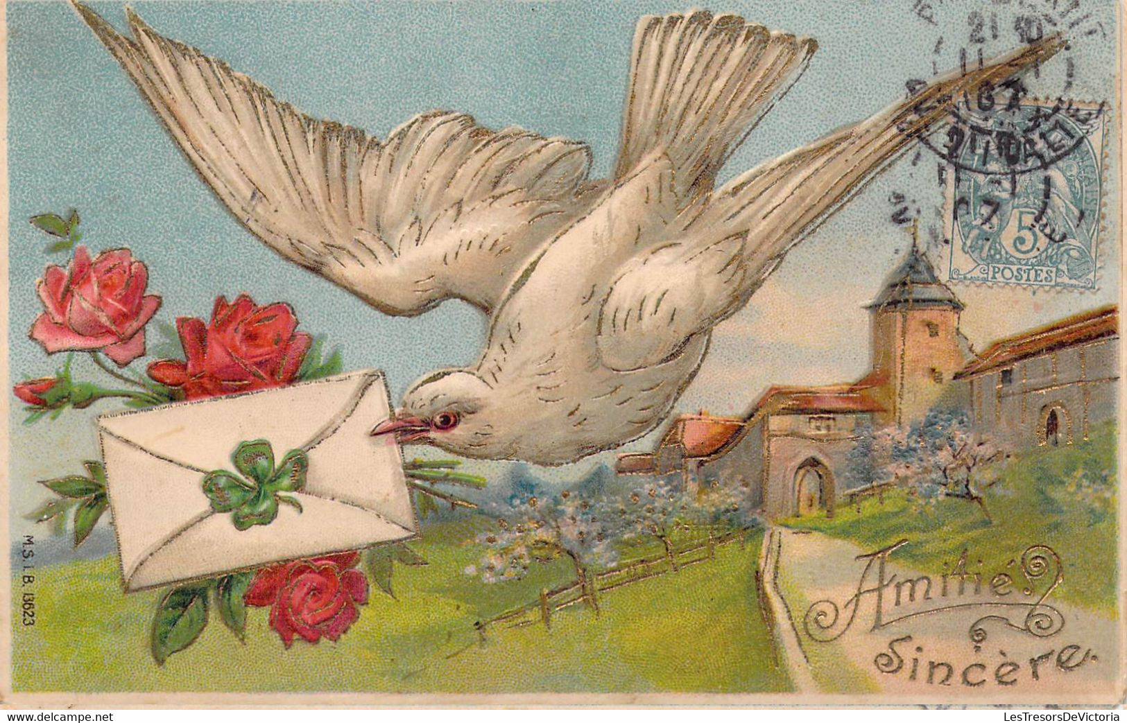 CPA - OISEAUX - Illustration De Colombe Tenant En Son Bec Une Enveloppe Trèfle à Quatre Feuilles - Relief - Oiseaux