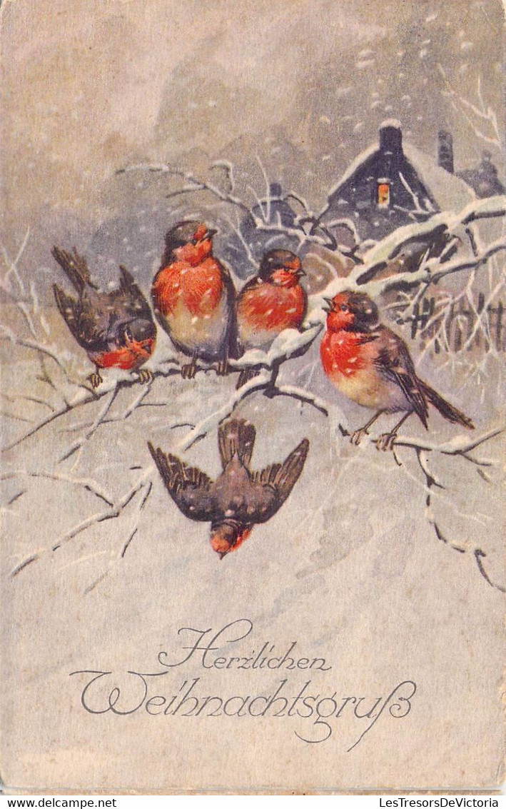 CPA - OISEAUX - Illustration De 4 Rouge-gorges Sur Une Branche Enneigée - Herzlichen WeihnachtsgruS - Oiseaux