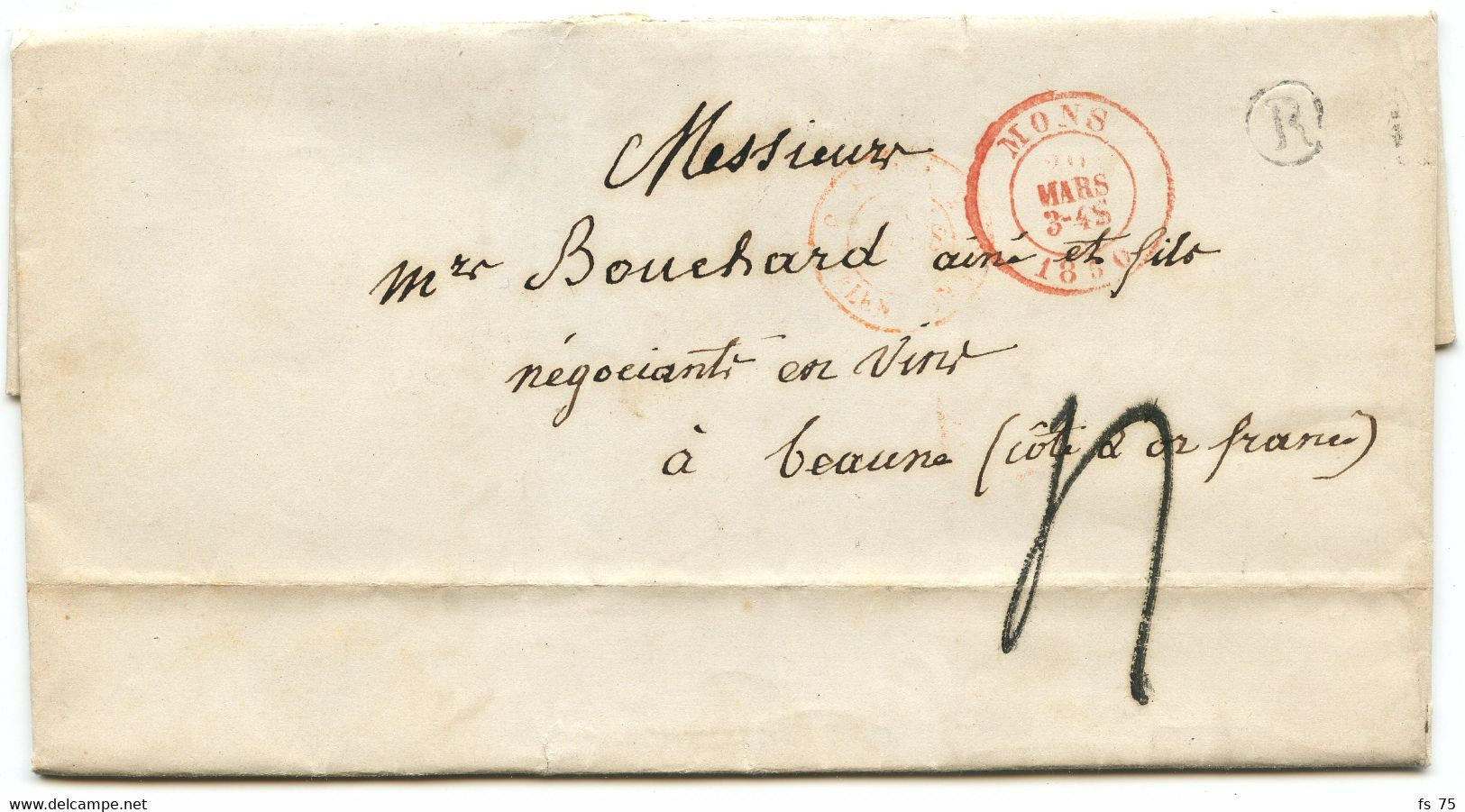 BELGIQUE - TAD MONS + BOITE R SUR LETTRE AVEC CORRESPONDANCE DE VELLEREILLE LE SEC POUR LA FRANCE, 1850 - Other & Unclassified