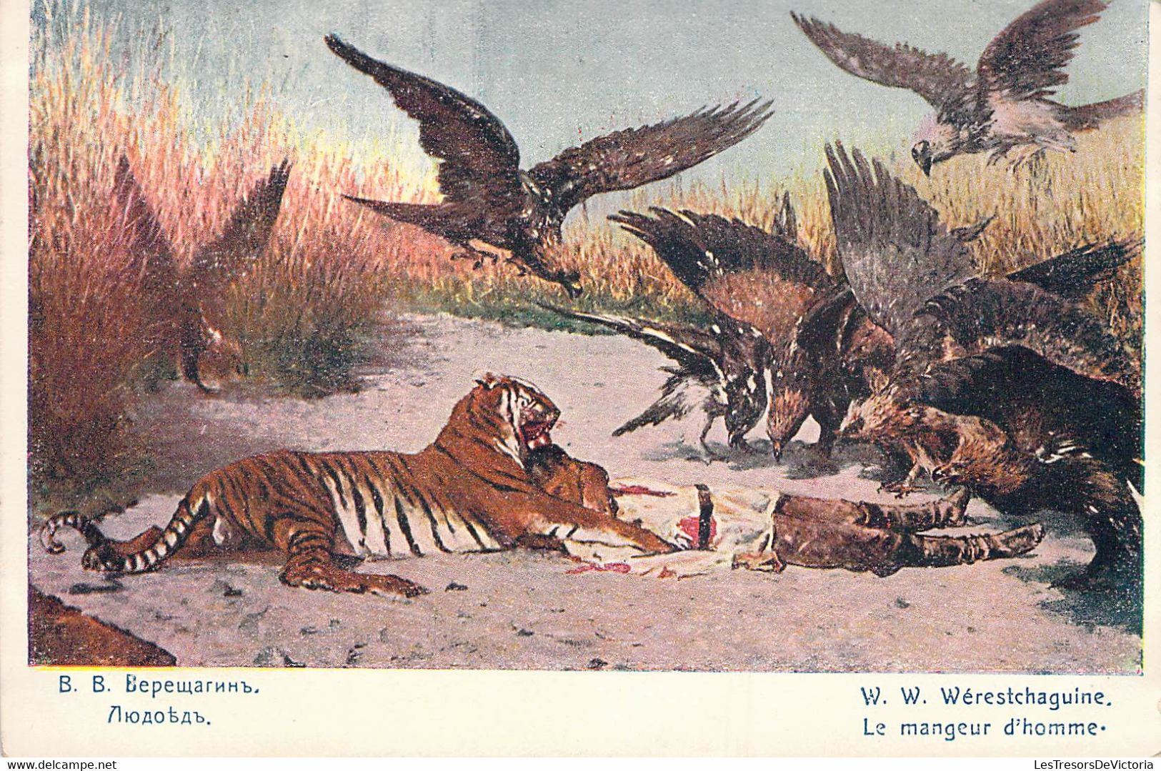 CPA - OISEAUX - Illustration De Vautours Qui Aide Un Tigre à Manger Un Homme - Le Mangeur D'homme W.W. Wérestchaguine - Oiseaux