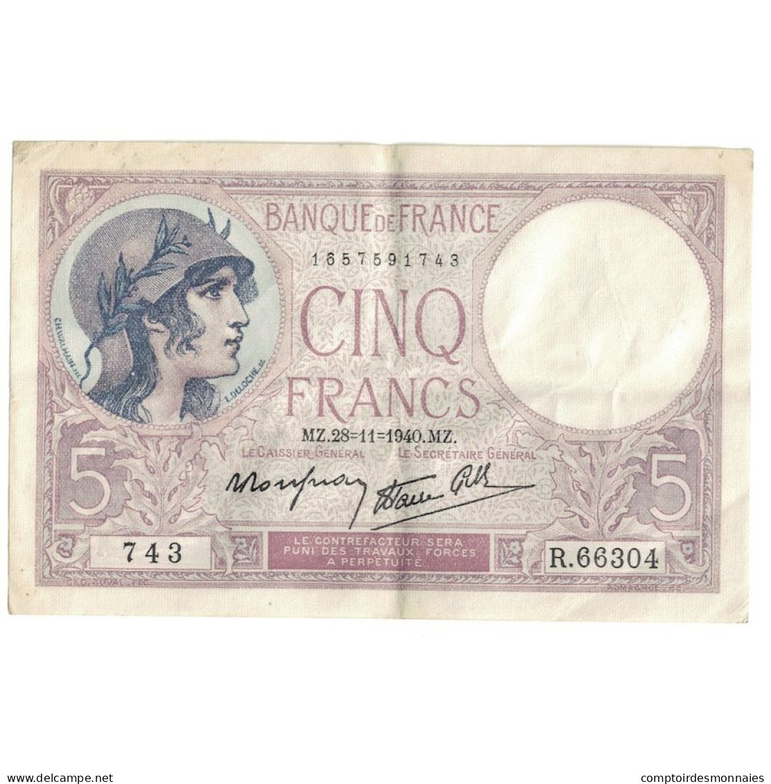 France, 5 Francs, Violet, 1940, R.66304, TTB+, Fayette:4.11, KM:83 - 5 F 1917-1940 ''Violet''