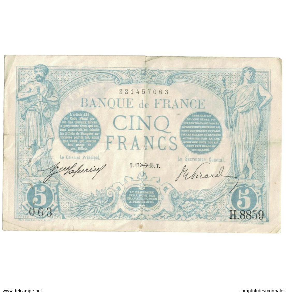 France, 5 Francs, Bleu, 1915, H.8859, TB+, Fayette:2.33, KM:70 - 5 F 1912-1917 ''Bleu''