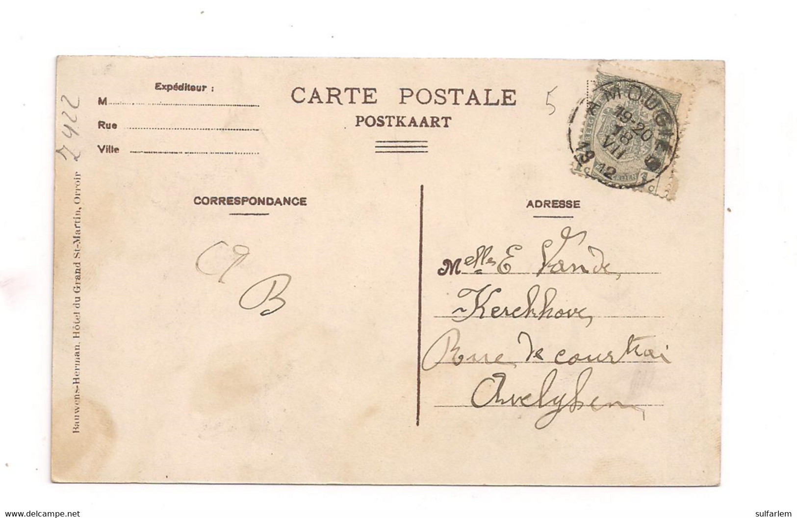 Belgique AMOUGIES (Enclus) Villa Sablière  Oblitération Sur Carte Postale 1912 - Kluisbergen