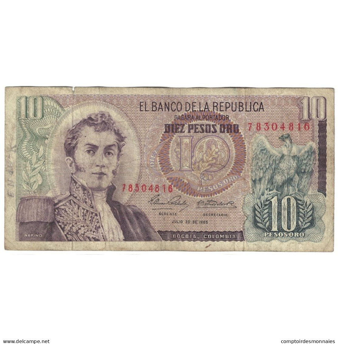 Billet, Colombie, 10 Pesos Oro, 1965, 1965-07-20, KM:407c, TB - Colombia