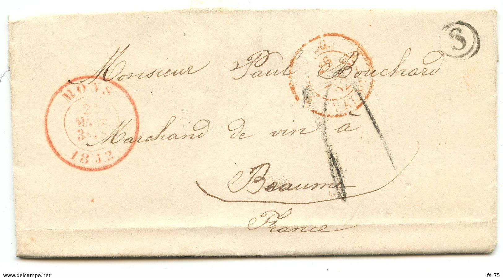 BELGIQUE - CAD MONS + BOITE S SUR LETTRE AVEC CORRESPONDANCE DE PATURAGES POUR LA FRANCE, 1842 - 1830-1849 (Belgica Independiente)