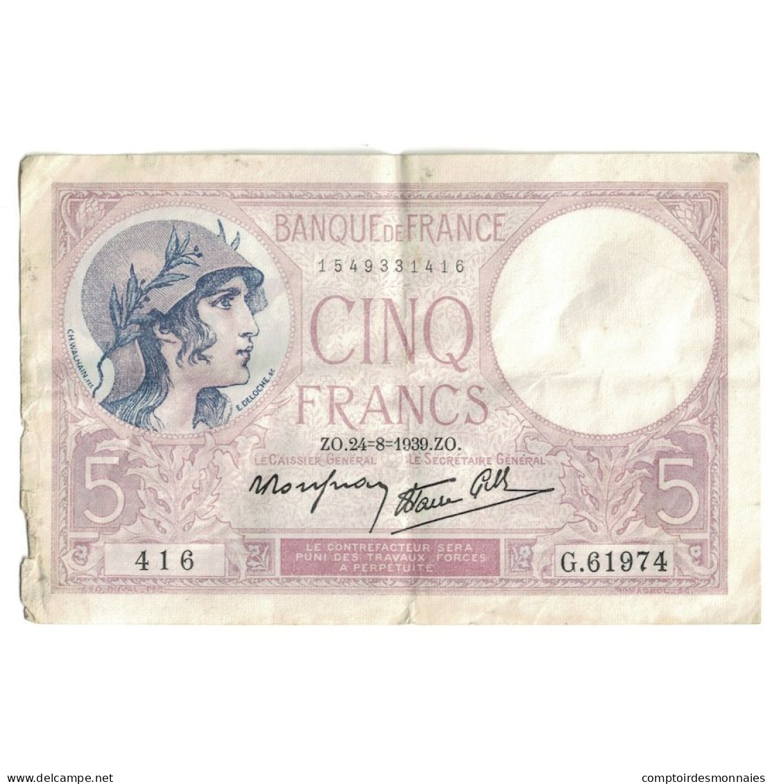 France, 5 Francs, Violet, 1939, G.61974, TB+, Fayette:04.07, KM:83 - 5 F 1917-1940 ''Violet''