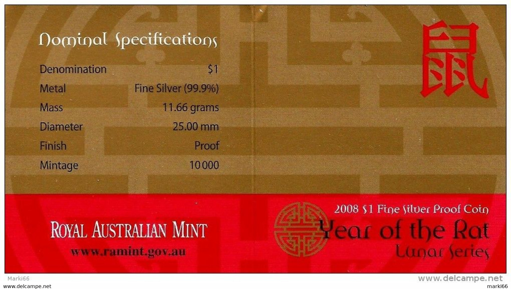 Australia - 2008 - Lunar Series - Year Of The Rat - 1$ Fine Silver Proof Coin - Sets Sin Usar &  Sets De Prueba