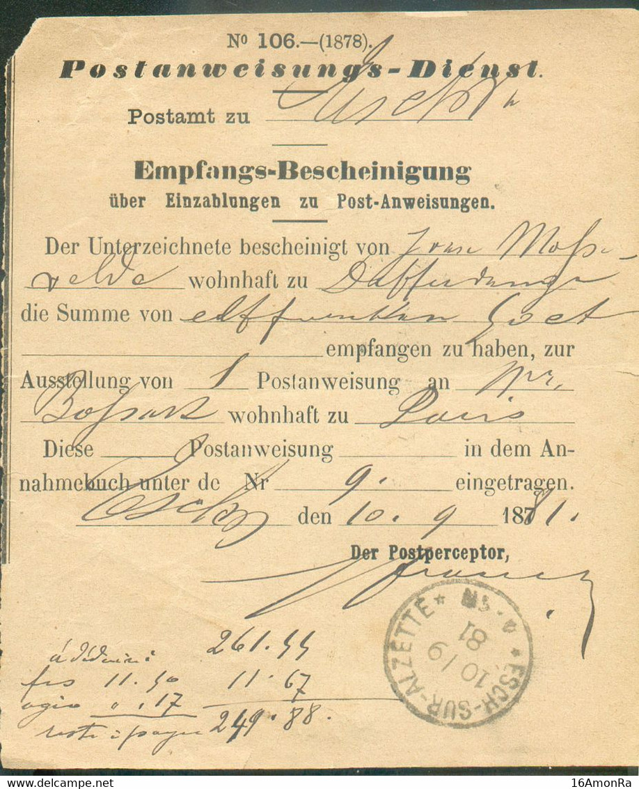 Postanweisungs-Dienst Service Des Mandats-Poste (Bon N°106 (1878) Sc ESCH-sur-ALZETTE 10-9-1881 Reçu De 11,50  Francs - - Other & Unclassified