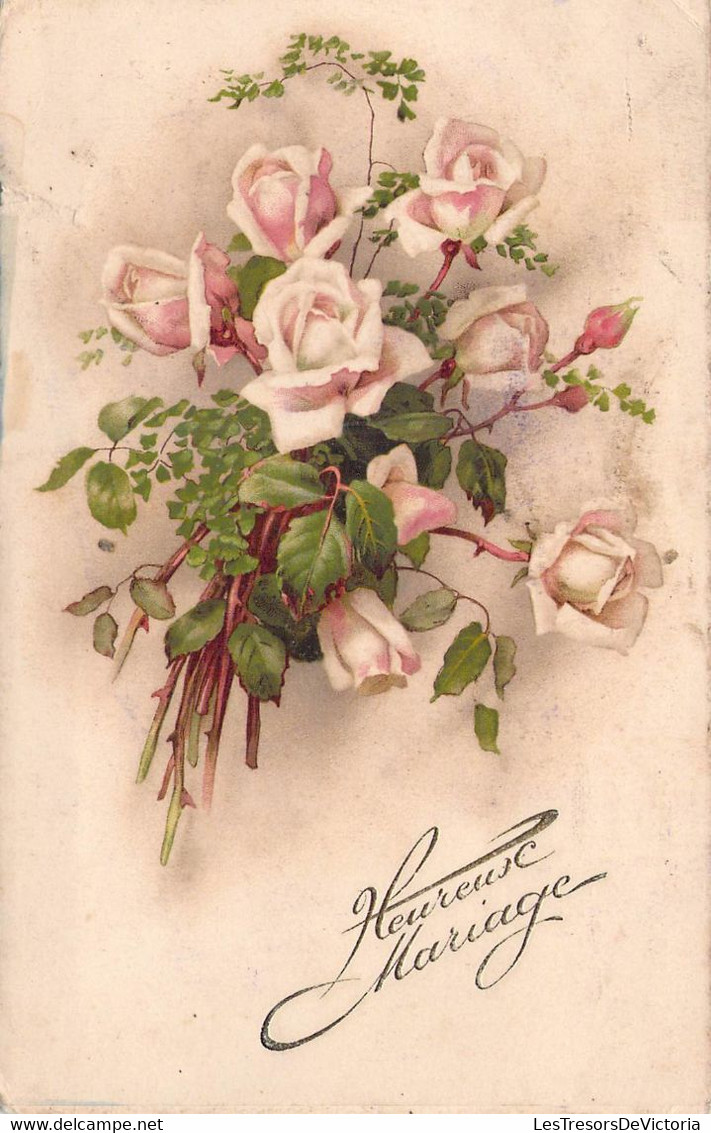 CPA - FLEURS - Bouquet De Roses Blanches - Heureux Mariage - Fiori
