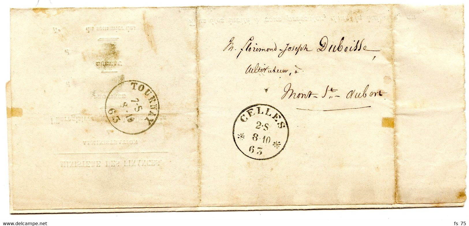 BELGIQUE - TAD SIMPLE CERCLE CELLES SUR LETTRE EN FRANCHISE, 1863 - Zonder Portkosten