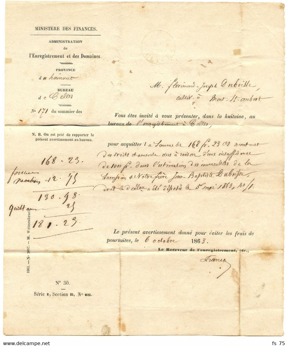 BELGIQUE - TAD SIMPLE CERCLE CELLES SUR LETTRE EN FRANCHISE, 1863 - Portofreiheit