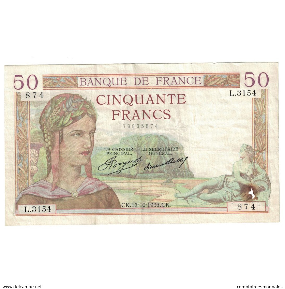 France, 50 Francs, Cérès, 1935, L.3154, TTB, Fayette:17.18, KM:81 - 50 F 1934-1940 ''Cérès''