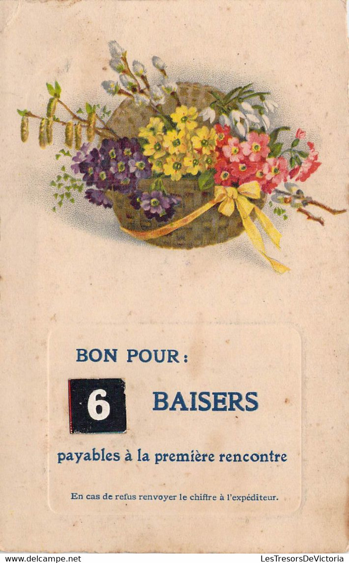 CPA - FLEURS - Panier En Osier Rempli De Fleurs De Toutes Les Couleurs Avec Un Bon Pour 6 Baisers Payables à La Première - Fiori