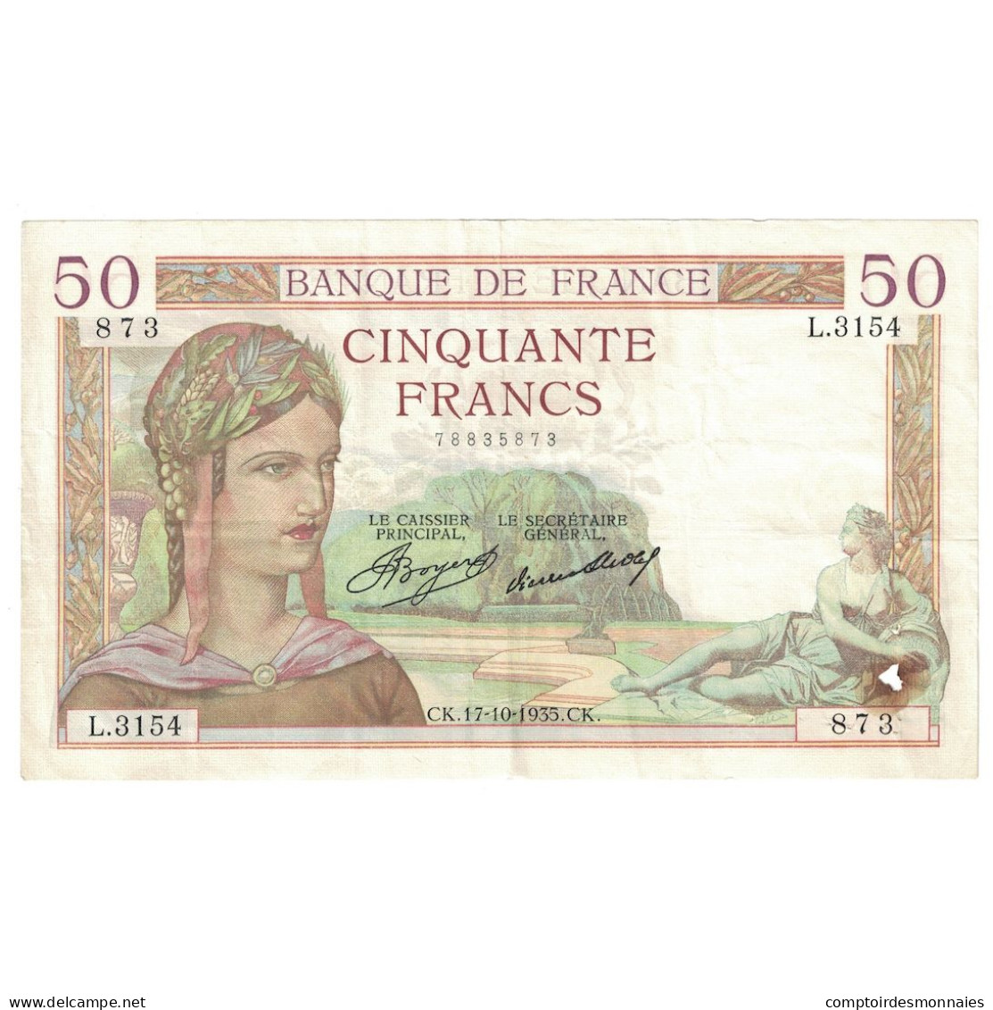 France, 50 Francs, Cérès, 1935, L.3154, TTB+, Fayette:17.18, KM:81 - 50 F 1934-1940 ''Cérès''