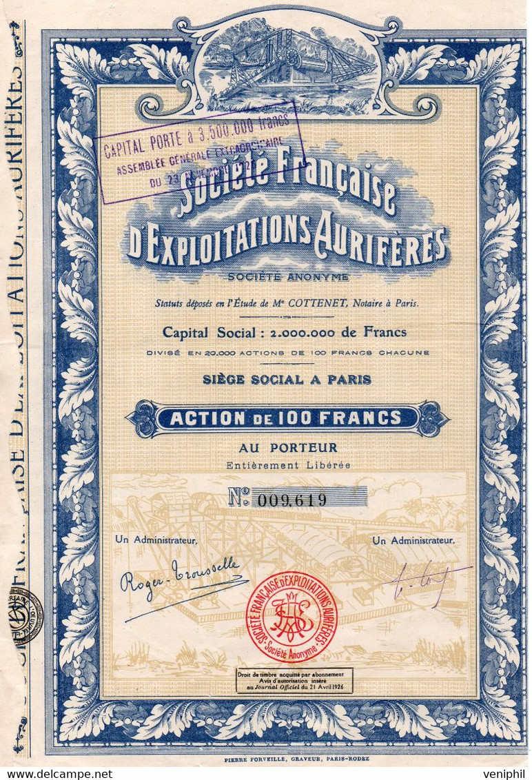 SOCIETE FRANCAISE D'EXPLOITATION AURIFERE- ACTION DE 100 FRS -ANNEE 1926 - Miniere