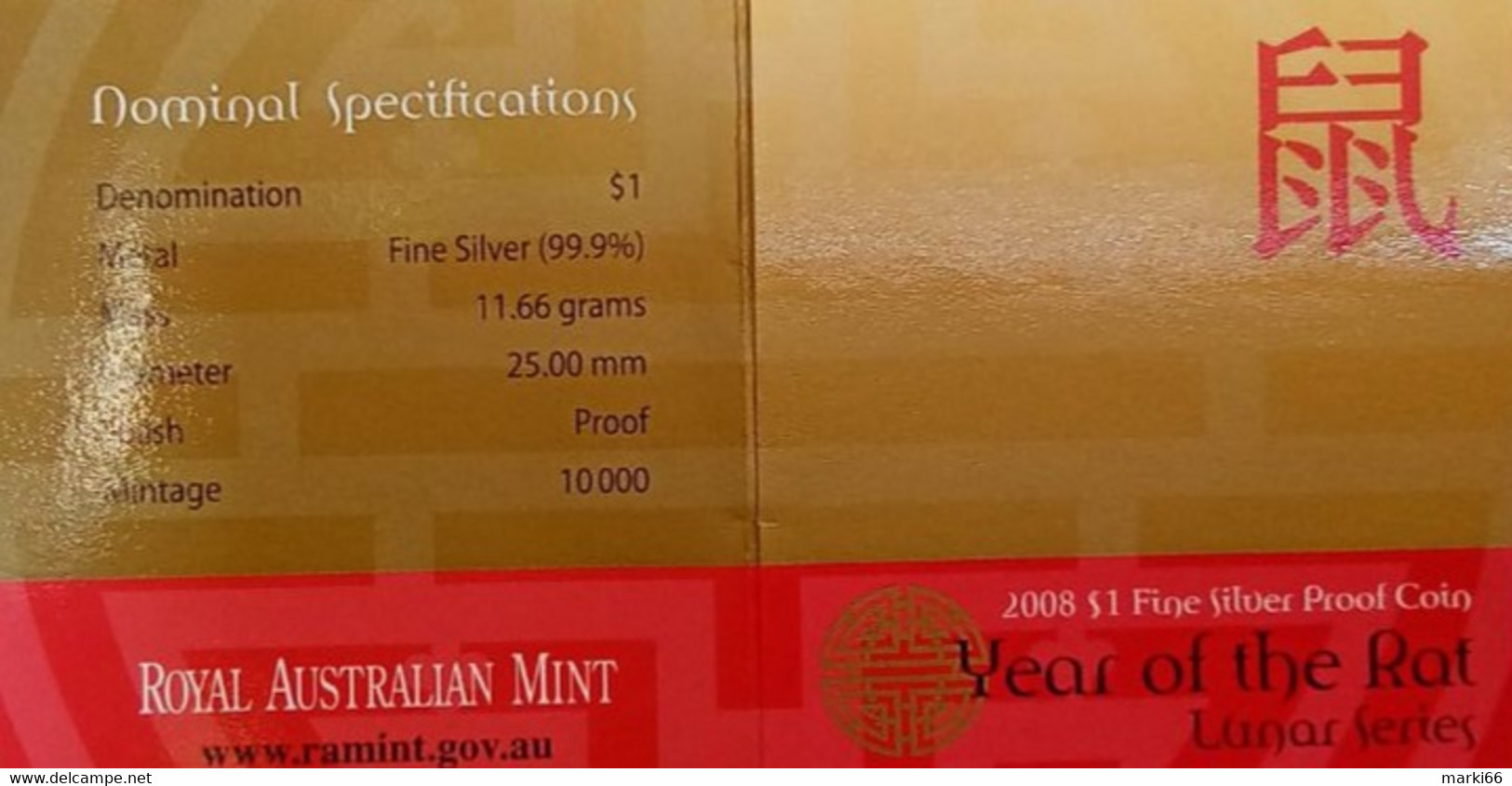 Australia - 2008 - Lunar Series - Year Of The Rat - 1 Dollar Fine Silver Proof Coin - Mint Sets & Proof Sets