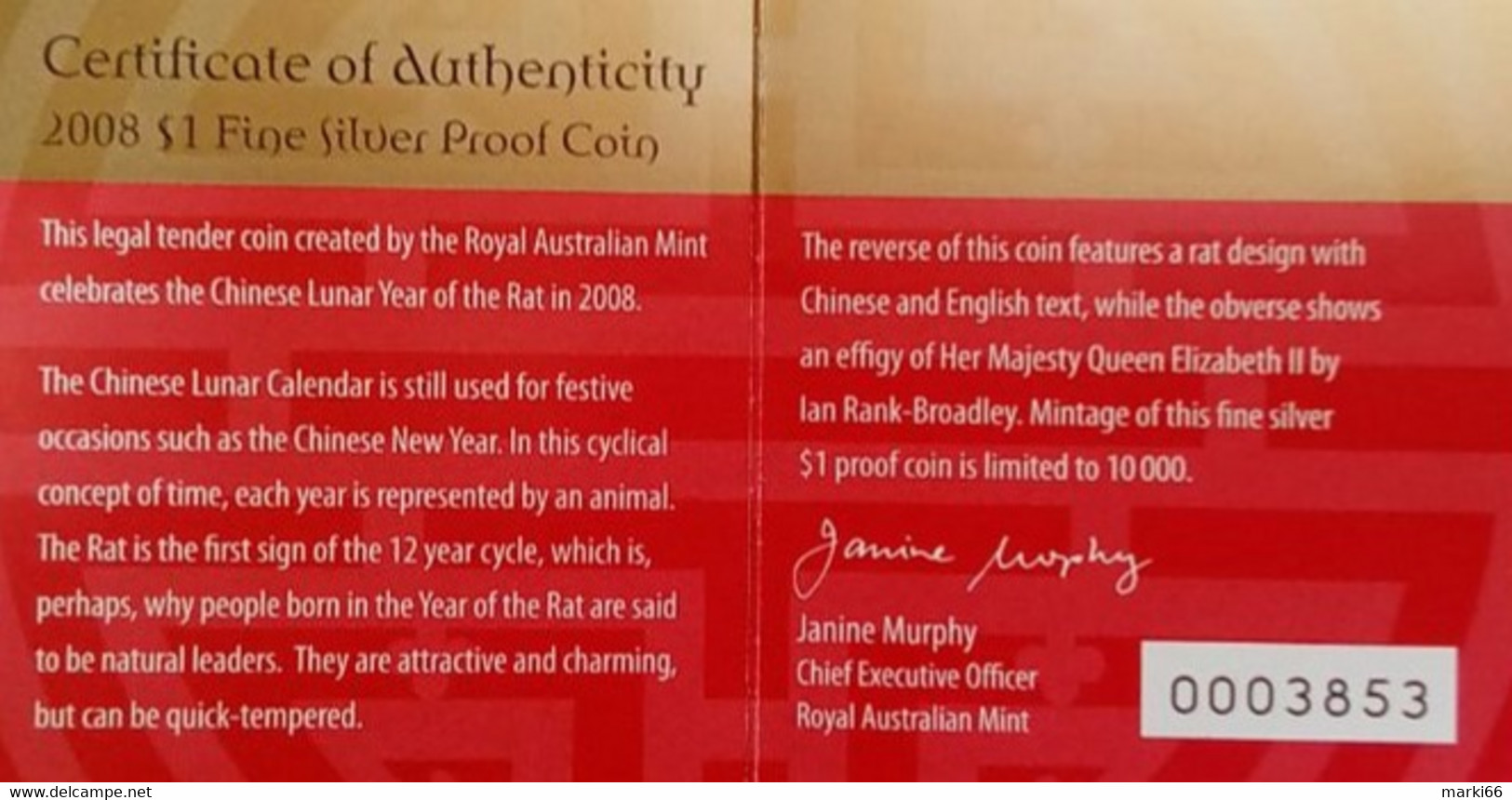 Australia - 2008 - Lunar Series - Year Of The Rat - 1 Dollar Fine Silver Proof Coin - Mint Sets & Proof Sets