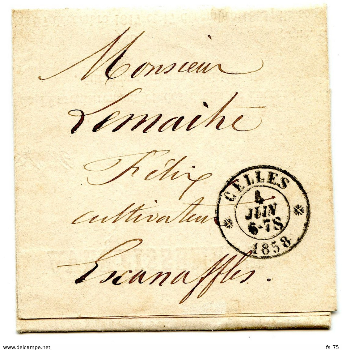 BELGIQUE - TAD DOUBLE CERCLE CELLES SUR LETTRE AVEC CORRESPONDANCE EN FRANCHISE, 1857 - Franchigia