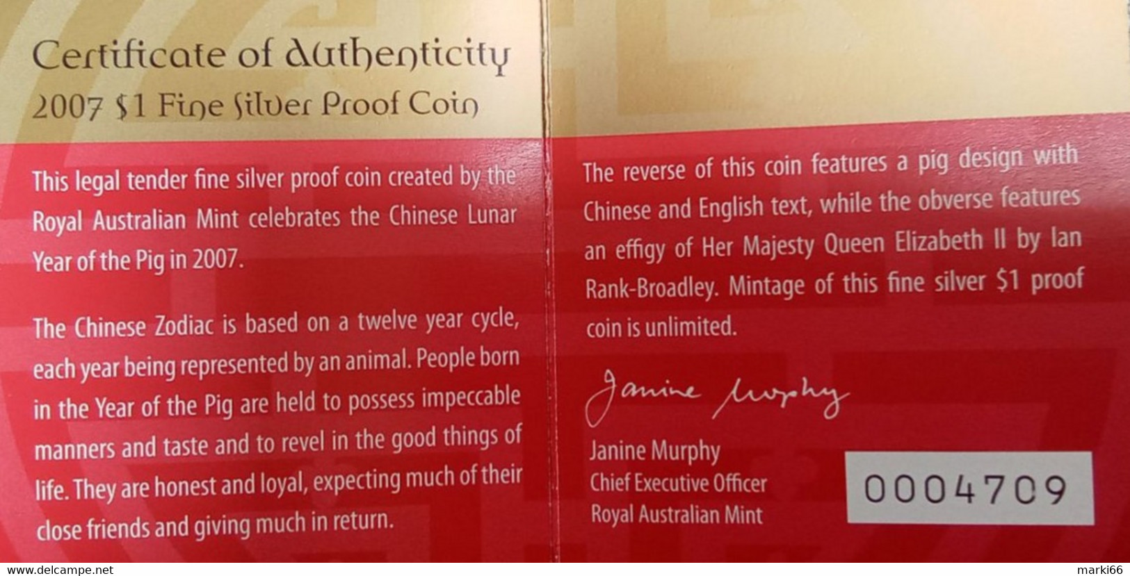 Australia - 2007 - Lunar Series - Year Of The Pig - 1 Dollar Fine Silver Proof Coin - Mint Sets & Proof Sets