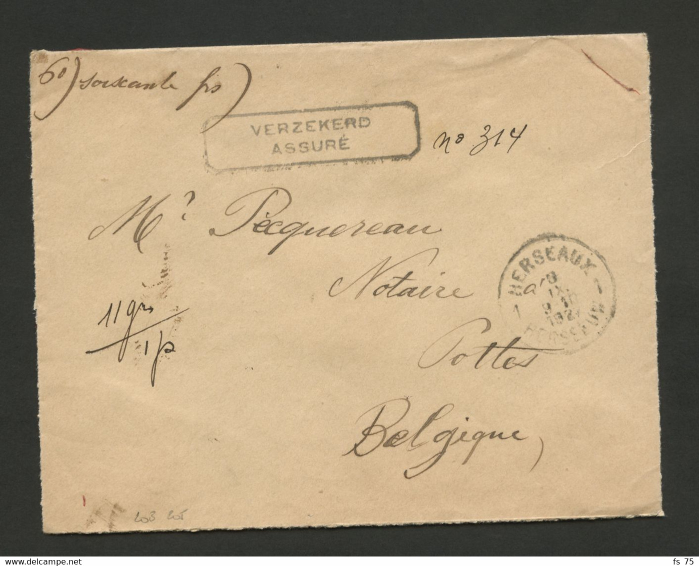 BELGIQUE - COB 196+203+205 SIMPLE CERCLE HERSEAUX AU VERSO D'UNE LETTRE CHARGEE, 1927 - Cartas & Documentos