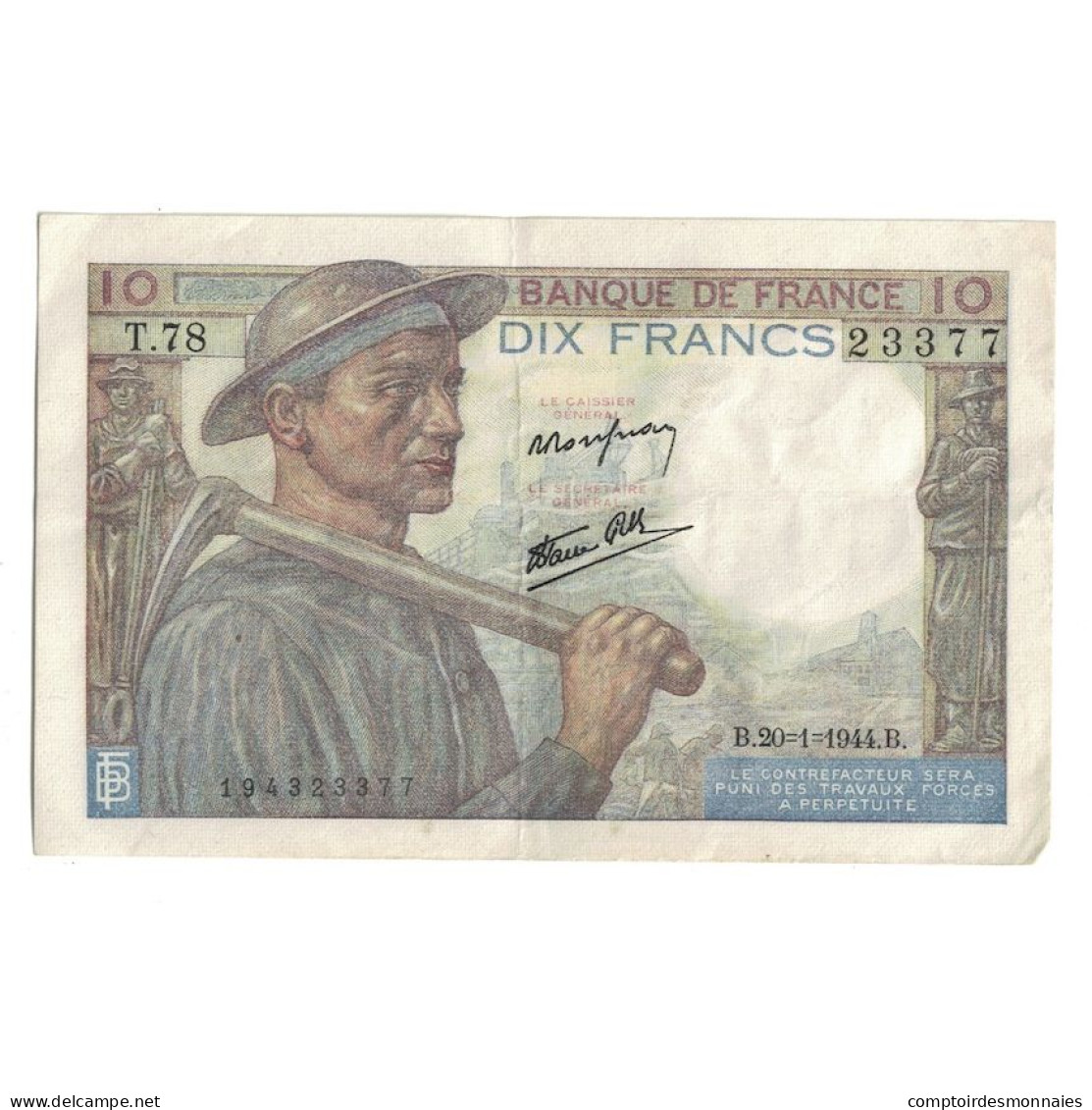 France, 10 Francs, Mineur, 1944, T.78, TTB+, Fayette:8.11, KM:99c - 10 F 1941-1949 ''Mineur''
