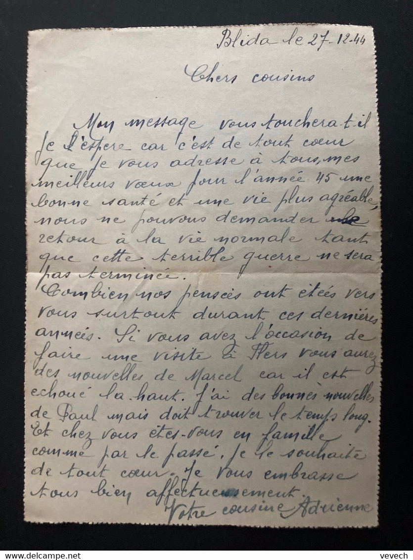 CL Par Avion Pour La FRANCE TP M D'ALGER 3F OBL. DAGUIN 28-12 (année Caviardée : 44) BLIDA - 1944 Coq Et Maríanne D'Alger