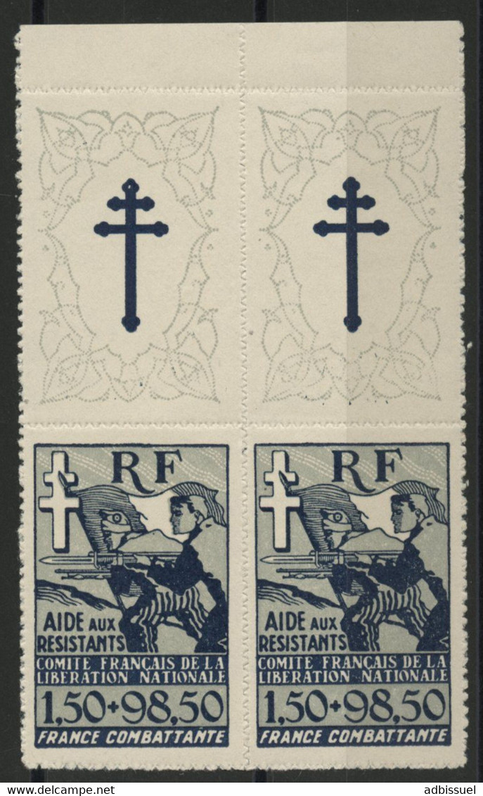 FRANCE LIBRE PAIRE N° 6 "Aide Aux Résistants" Avec Vignette Croix De Lorraine COTE 120 €. Neuf ** (MNH) Voir Description - Guerre (timbres De)