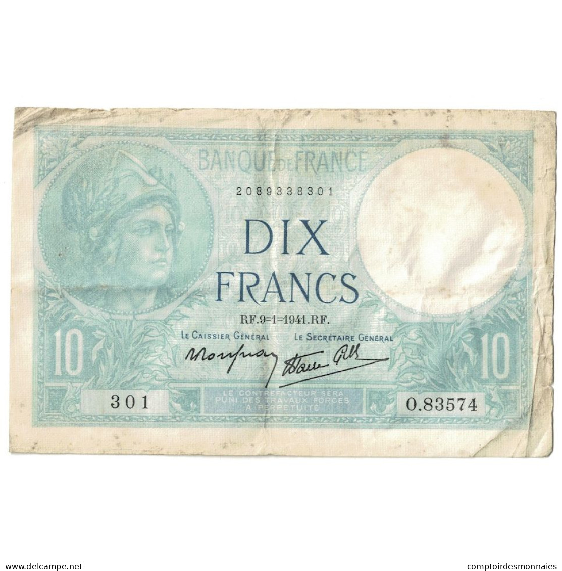 France, 10 Francs, Minerve, 1941, O.83574, TB, Fayette:7.27, KM:84 - 10 F 1916-1942 ''Minerve''
