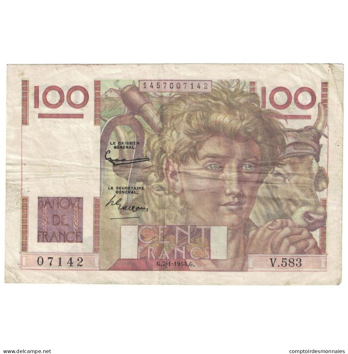 France, 100 Francs, Jeune Paysan, 1954, V.583, TB+, Fayette:28.41, KM:128d - 100 F 1945-1954 ''Jeune Paysan''