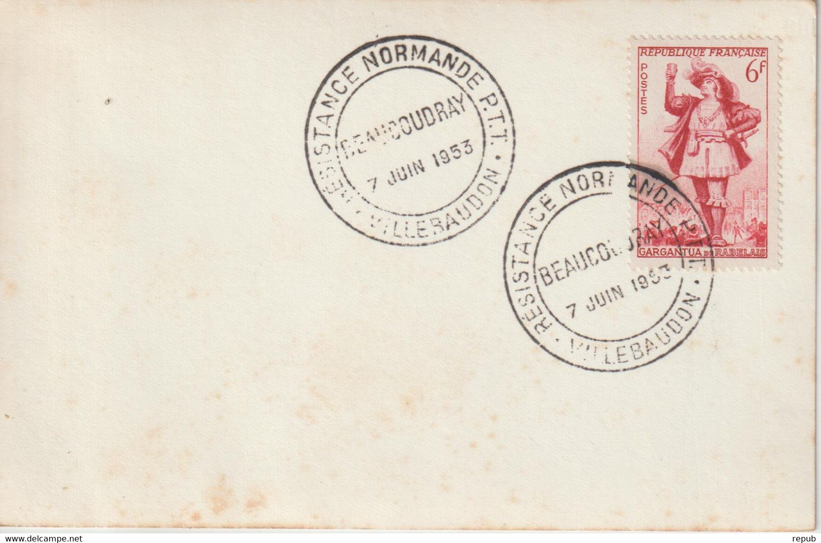 France 1953 Résistance Normande PTT Beaucoudray Villebeaudon (50) - Gedenkstempel