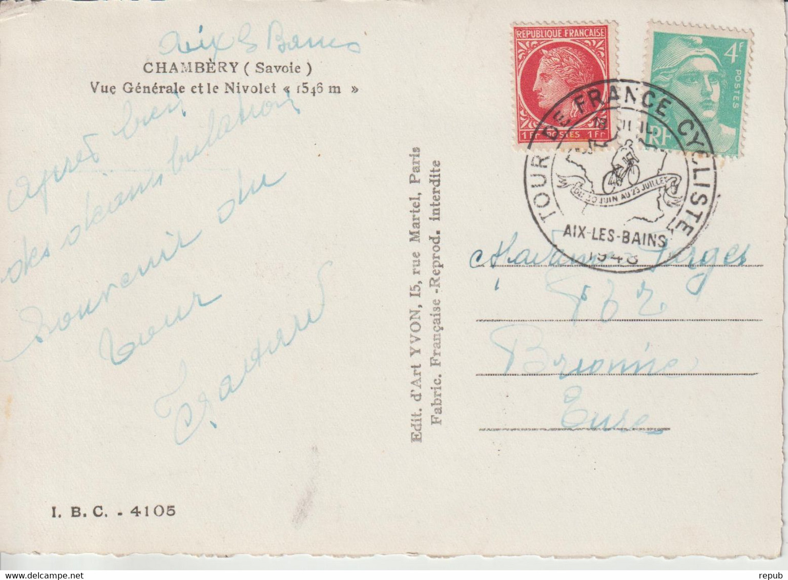 France 1948 Tour De France Aix Les Bains Sur Carte Chambéry - Cachets Commémoratifs