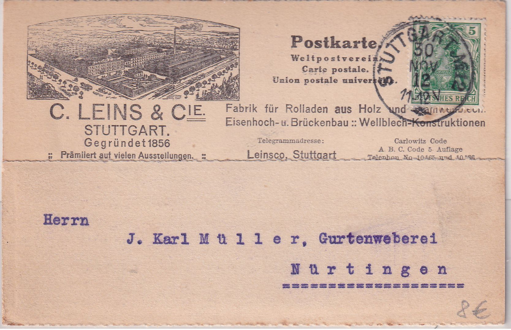 DR - Stuttgart Nr.12 1912 Illustrierte Firmenkarte (Leins&Cie.) N. Nürtingen - Altri & Non Classificati