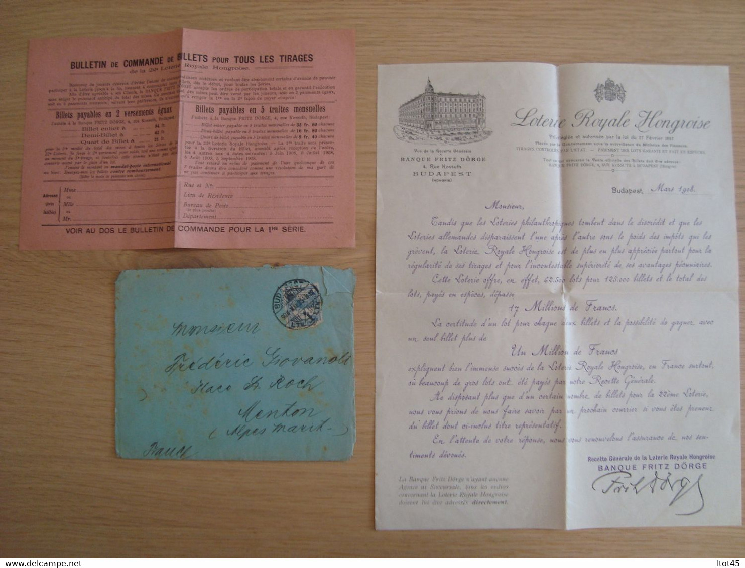 ENVELOPPE + DOCUMENTS LOTERIE ROYALE HONGROISE 1908 - Postmark Collection