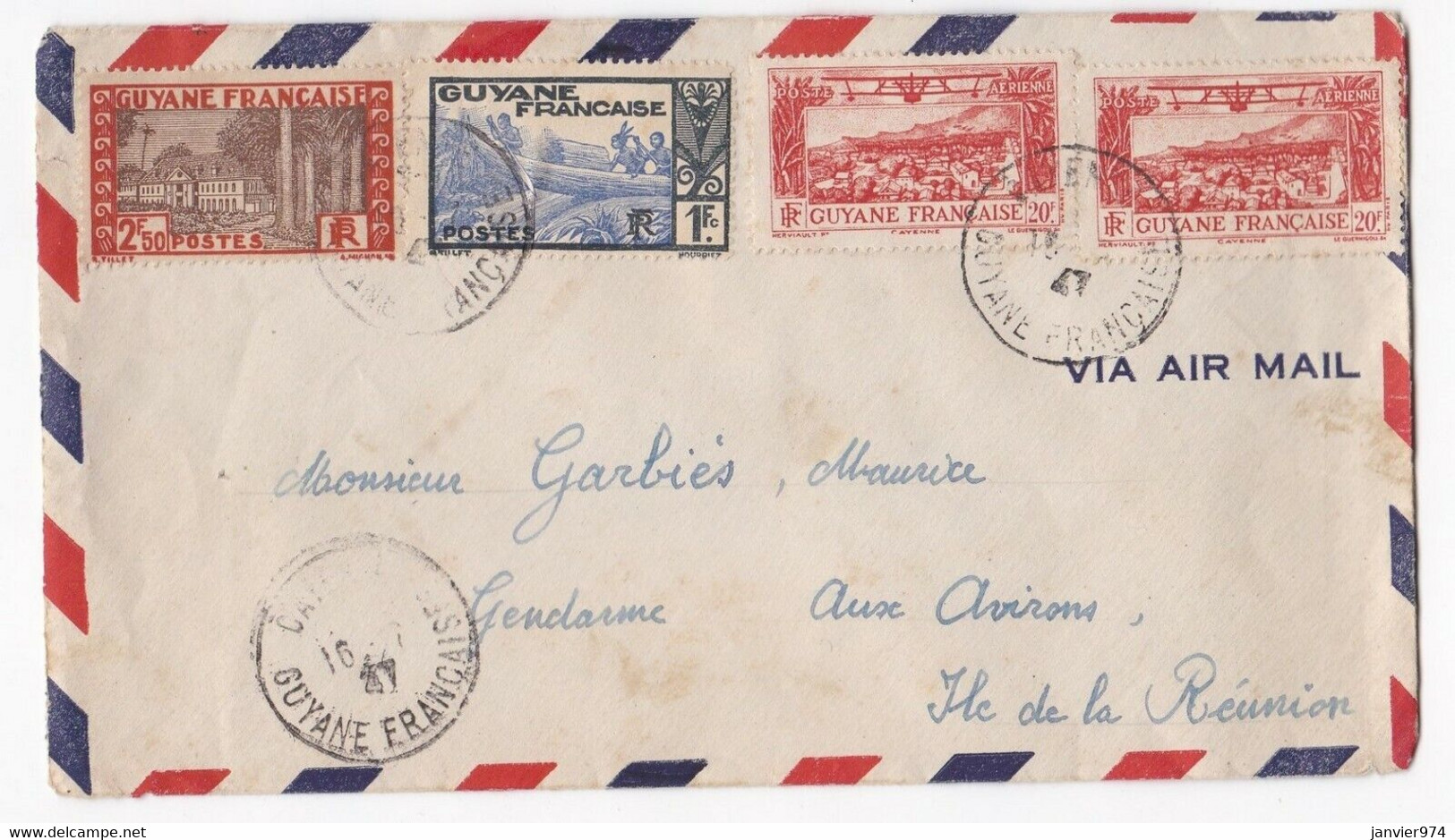 1947 Guyane Française Cayenne Destination Ile De La Réunion Pour Garbiés Gendarme 97425  Les Avirons - Briefe U. Dokumente