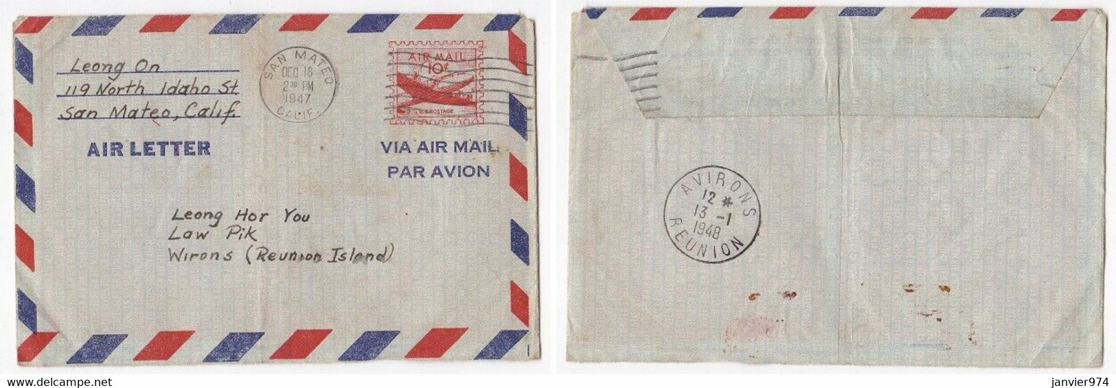 1947 San Mateo Californie Destination Ile De La Réunion Pour Leong Hor 97425 Les Avirons - Covers & Documents