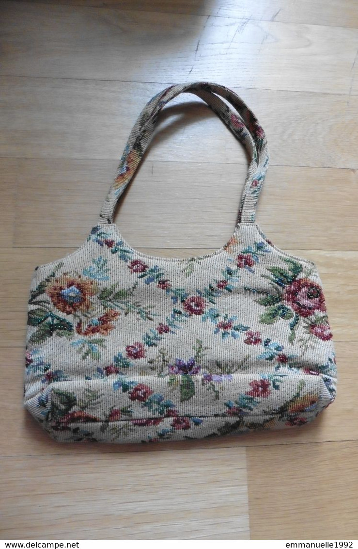 Petit Sac à Main Beige Tapisserie Fleurs Style Petit Point De Vienne Et Perles - Tappeti & Tappezzeria