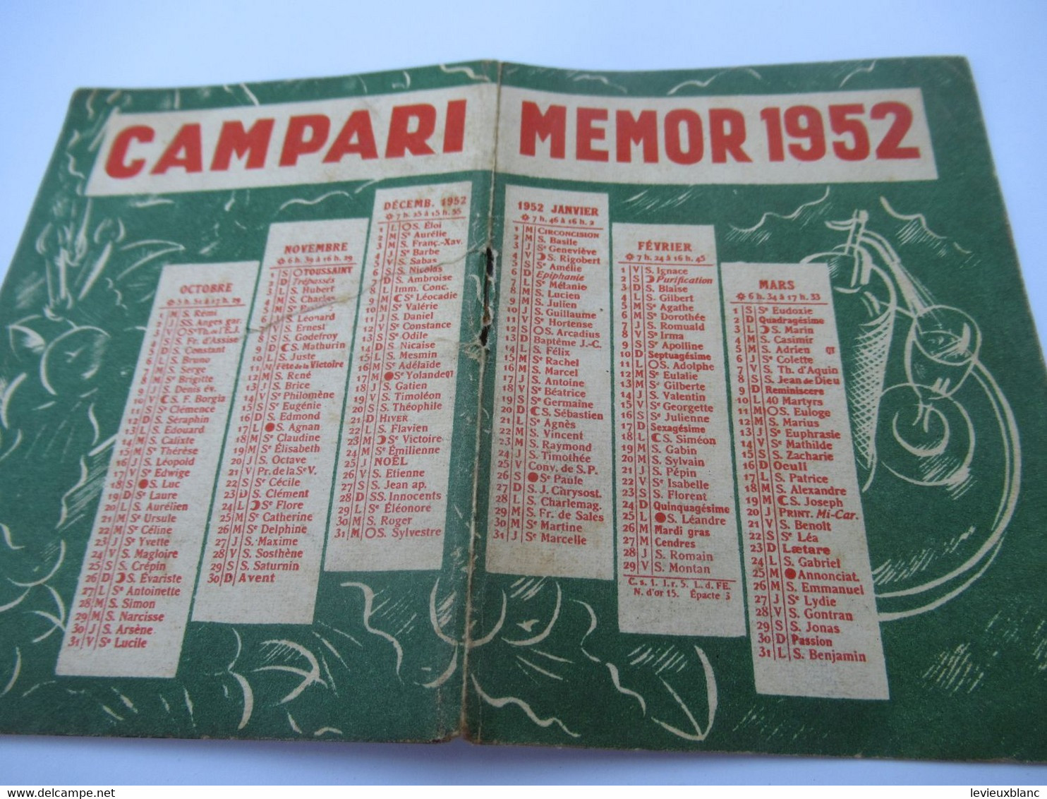 Petit Calendrier Publicitaire Ancien à 2 Volets / CAMPARI MEMOR1952                           OEN27 - Autres & Non Classés