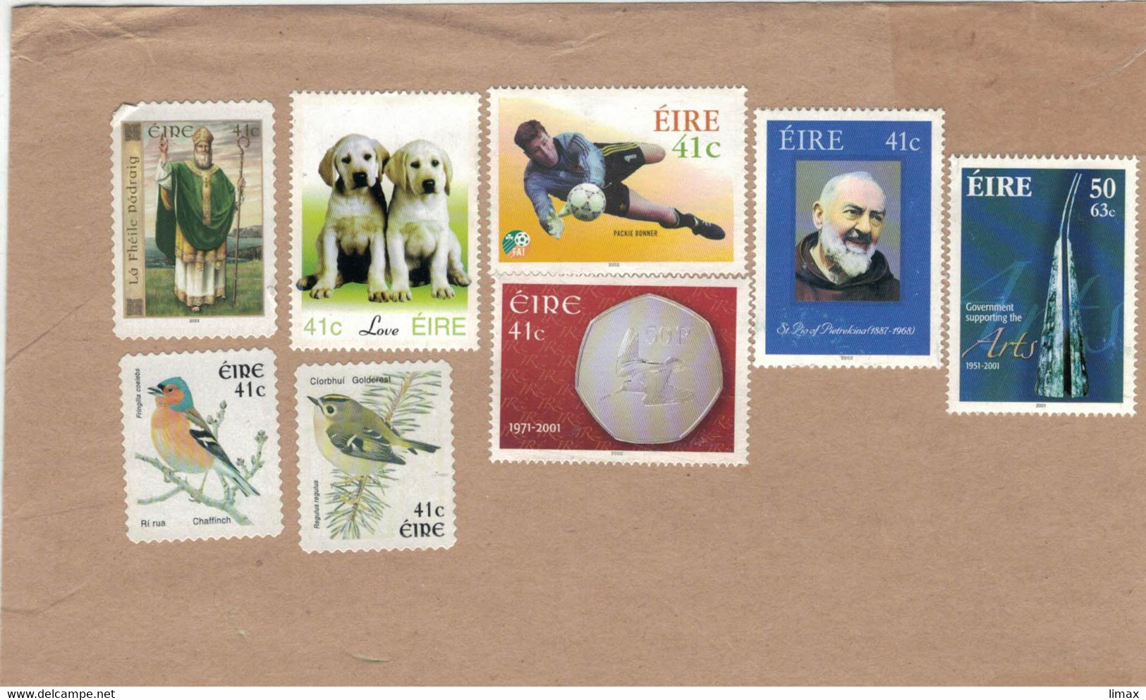 Irland Auf Briefstück Hund Fussball Münze Padre Pio Kunst Fringilla Coeleba - Regulus - Fheile Padraig - Eire - Storia Postale