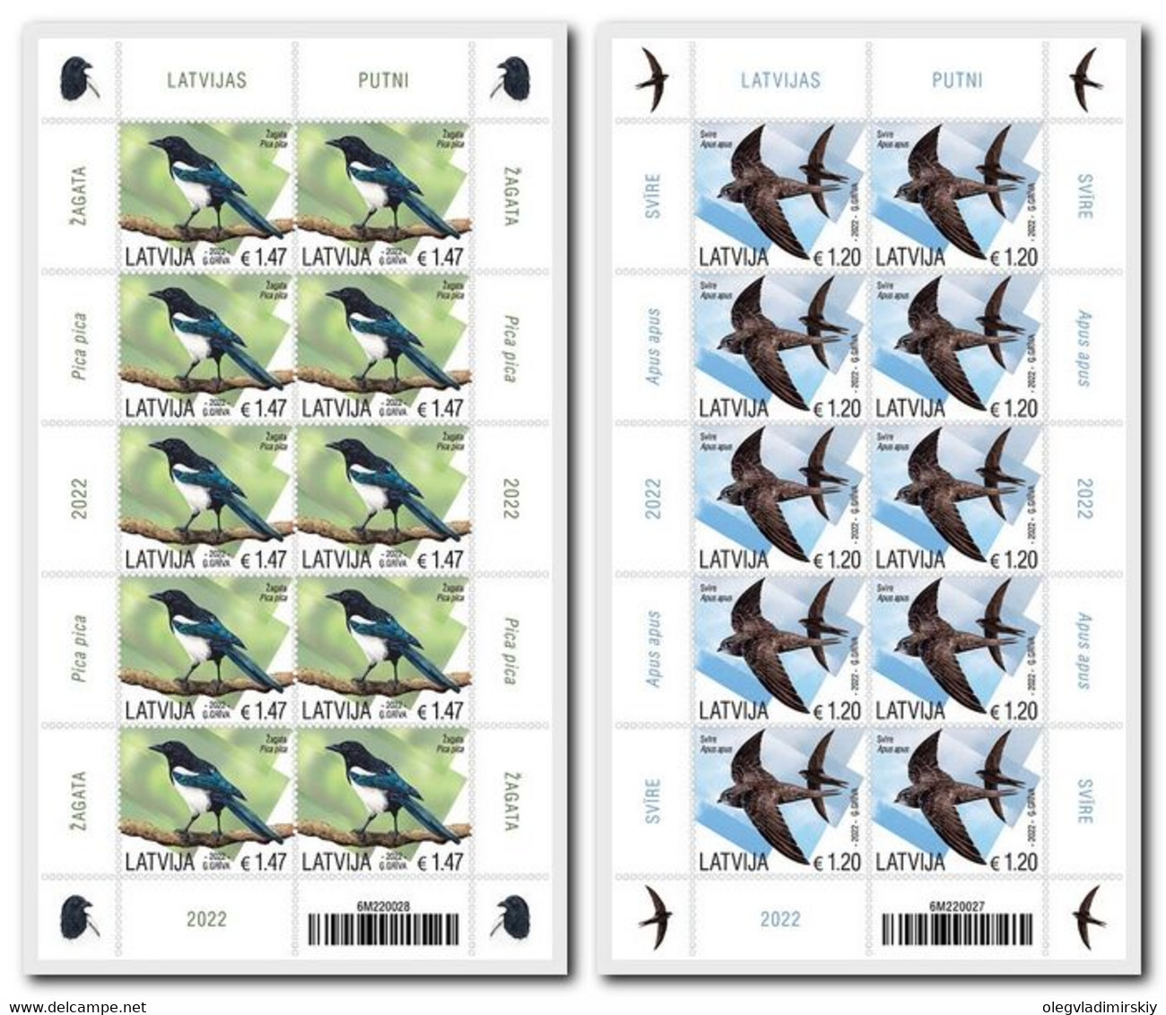 Latvia Lettland 2022 Birds Magpie Common Swift Set Of 2 Sheetlets Of 10 Stamps - Passeri