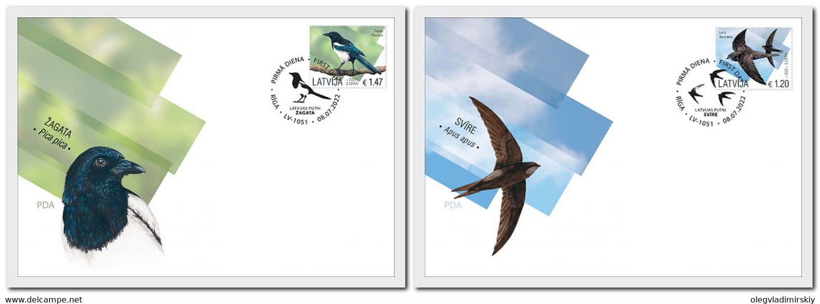 Latvia Lettland 2022 Birds Magpie Common Swift Set Of 2 FDC - Passeri