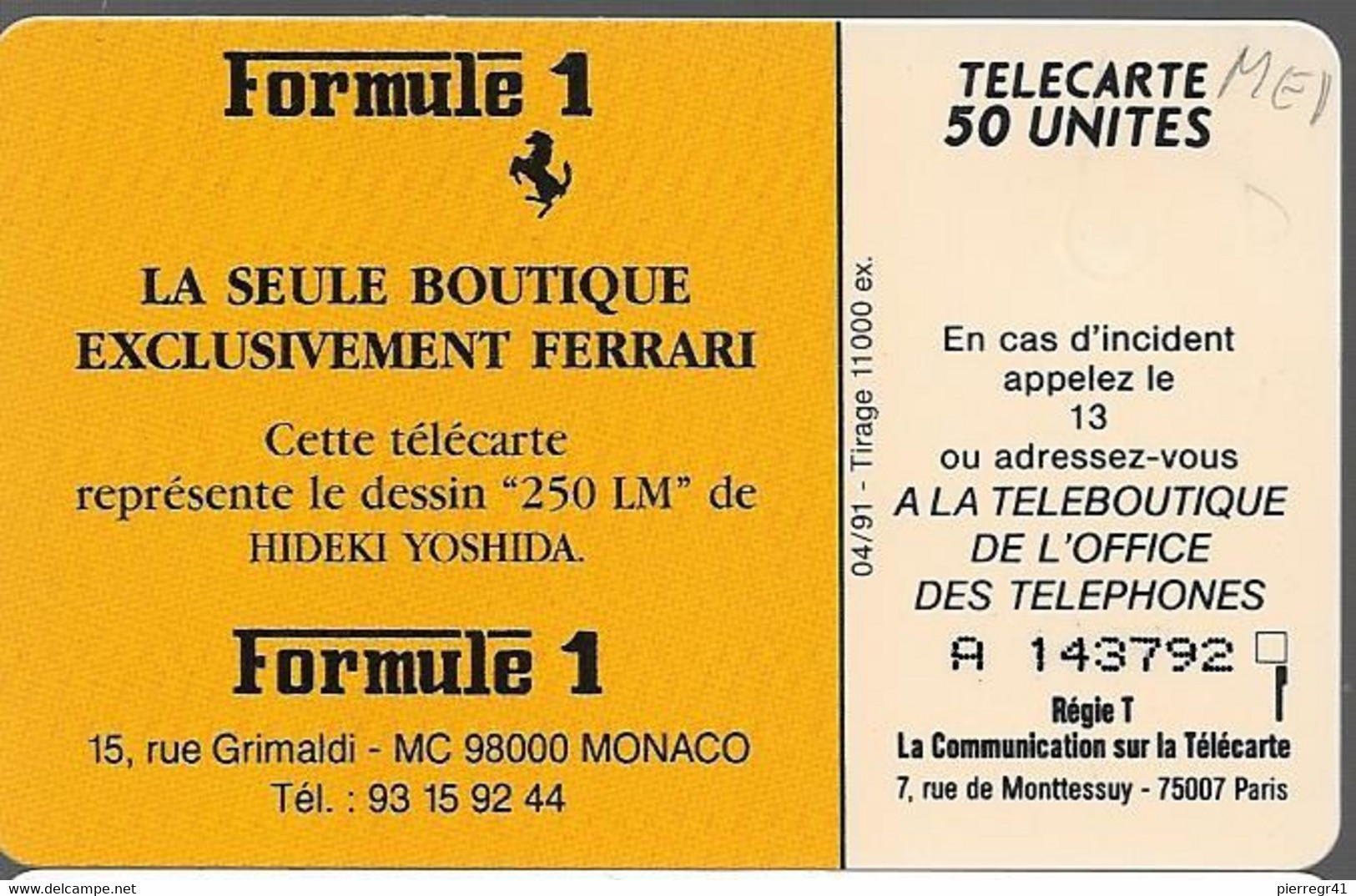 CARTE-PUBLICC-MONACO-ME 1-SO3-04/91-FORMULE 1-BOUTIQUE FERRARI-V° N° A  143792-UTILISE-LUXE - Monaco