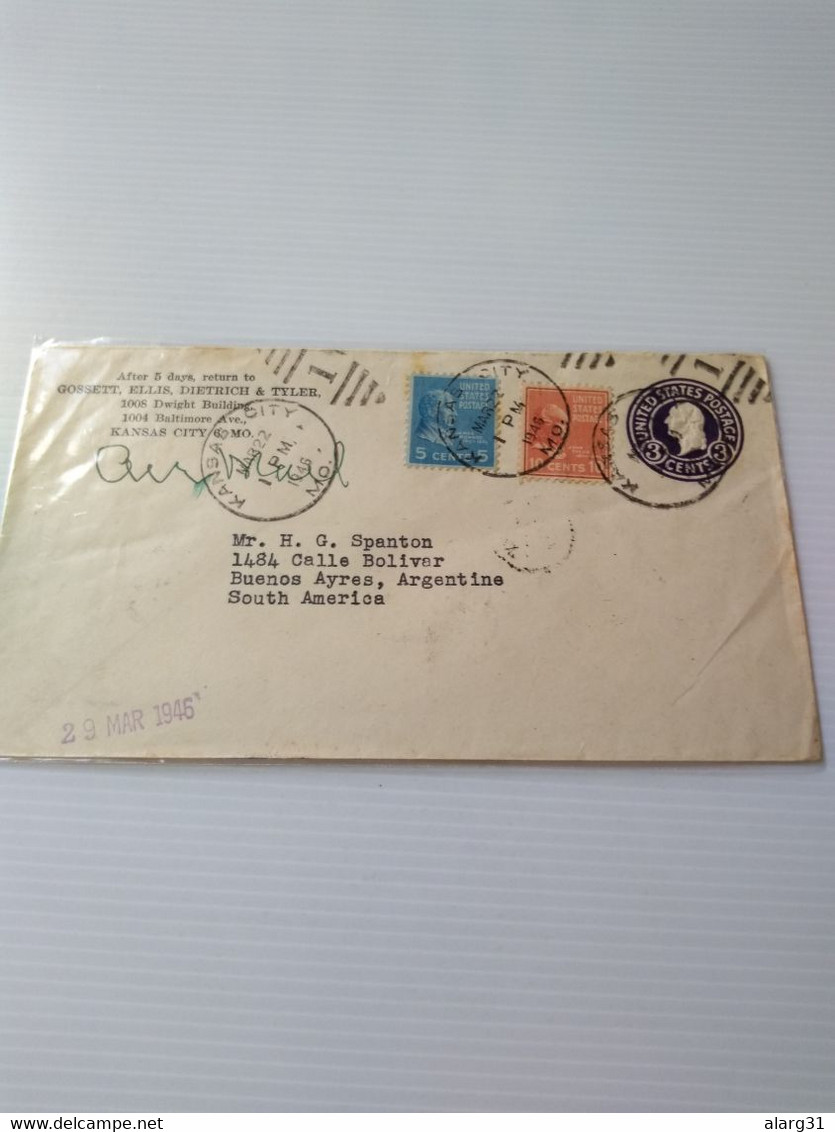 Usa.pstat Cover 3ct + Adttl.1946.kansas City To Argentina Reg Post E7 Conmems For Post 1 Or 2 Letter - 1941-60